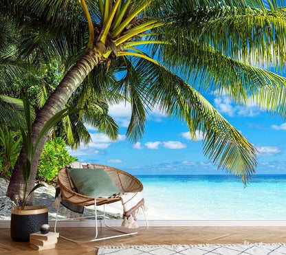 AFZEVEB-Beach Wall Mural Tropical Palm Tree Landscape Wallpaper for Bedroom 136"x96"(Not Peel and Stick)