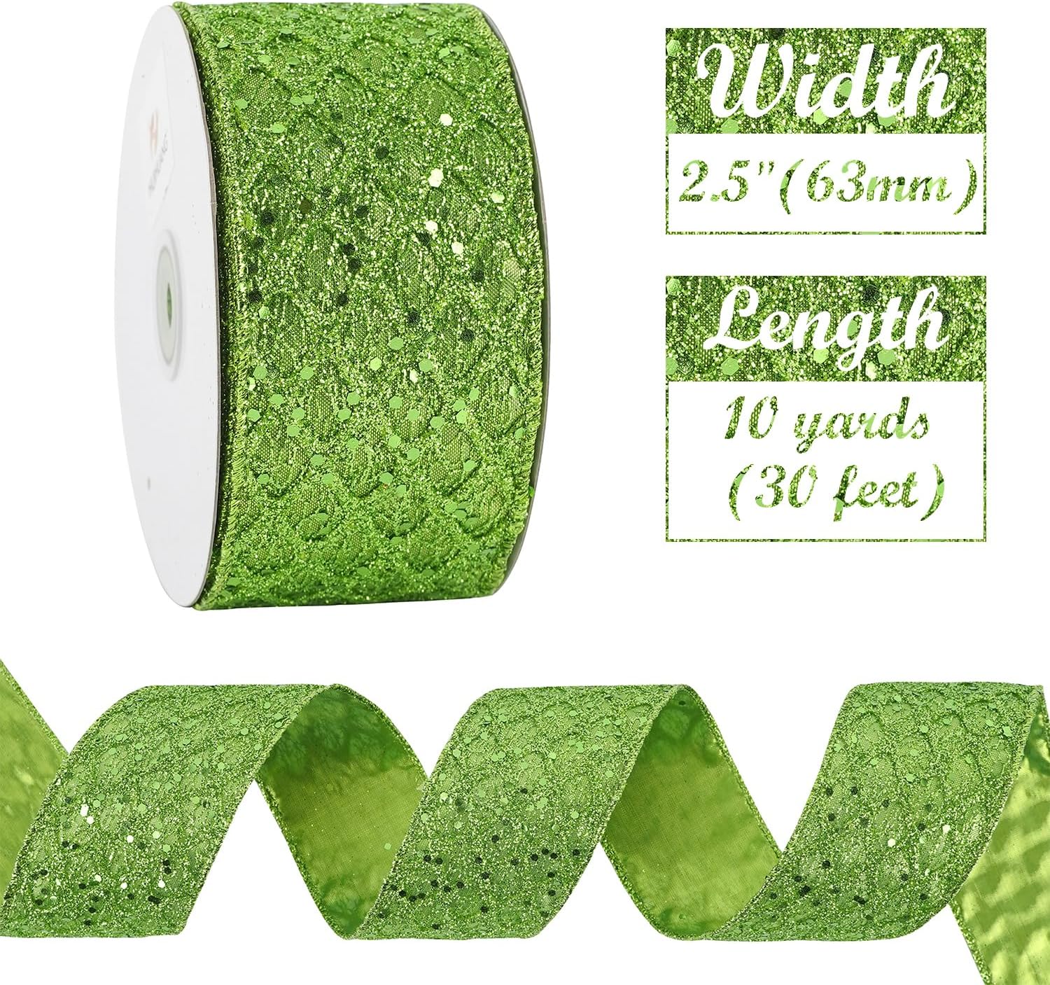 HUIHUANG Lime Green Wired Ribbon for Christmas Tree 2.5 inch Lime Green Glitter Diamond Mesh Ribbon for Tree Decoration, Wreaths, Garland, Gift Wrapping, Bows Making, Halloween Decor -10 Yards - Crafty Corner