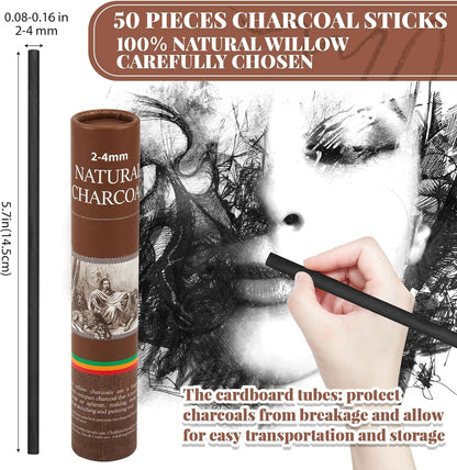 Gueevin 50 Pcs Willow Charcoal Sticks, Willow Charcoal, Artists, Beginners, Students, Perfect for Sketching, Drawing, Shading, and Fine Art Christmas Gifts for Art (2-4mm)
