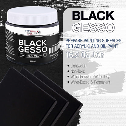 U.S. Art Supply Black Gesso Primer - 16.9oz (500ml) for Oil & Acrylic Paint - Superior Coverage, Canvas Prep, Mixable White Gesso Paint Artists