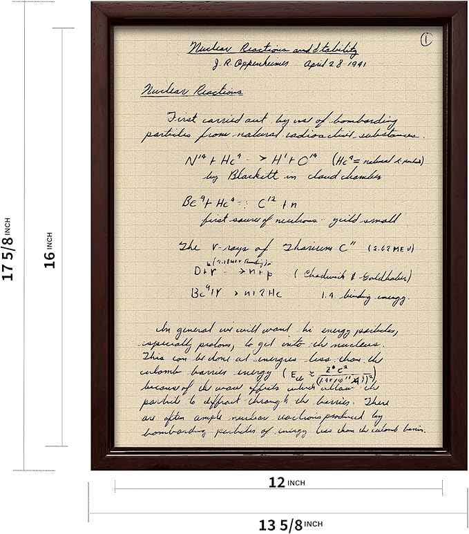 Poster Master Oppenheimer Canvas - Retro Atomic Bomb Manuscript Print - Manhattan Project Art - Gift for Him, Her, Scientist - Physics Decor for Office, Library - 12x16 Brown Framed Canvas