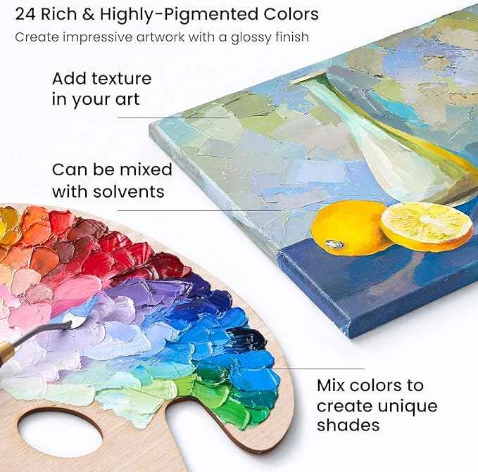 ARTEZA Oil Paint Set – 24 Multicolor Tubes (0.4 Fluid Ounces Each), Vibrant Oil-Based Paints for Canvas & Art Projects