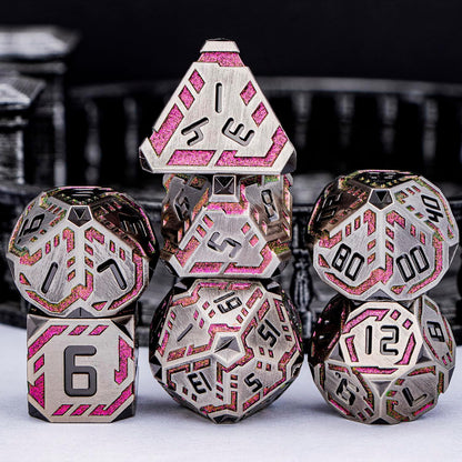 Metal DND Sci-fi Dice Set 7PCS Stripe Polyhedral Dice for Dungeons Dragons RPG Role Playing Game, Glitter D and D Dice with Gift Box D6 D8 D10 D12 D20 (Grey&Purple Red)