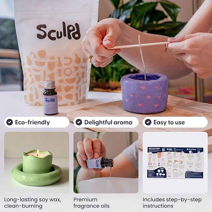 Sculpd - The Original Candle Making & Pottery Kit - Complete 2 Person Art Set: Includes Air Dry Clay, Soy Wax, Fragrance & Tools - DIY Arts Crafts Gift for Adults, Teens, Men & Women (Peony Rose)
