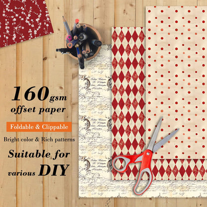 24 Sheets Red Aesthetic Scrapbooking Paper Pad - 6In x 6In Double Sided Flowers Patterns for Photos Album Journals Supplies Decorative Collage Origami DIY Crafts Gifts Wrapping