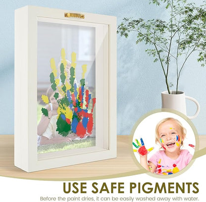 Family Handprint Kit, Family Handprint Photo Frame, Baby Hand and Footprint Handmade Keepsake Wooden Frame with 4 Non-Toxic Baby-Safe Paint, Hand print Art Craft DIY Kit for Home Mother's Day and more