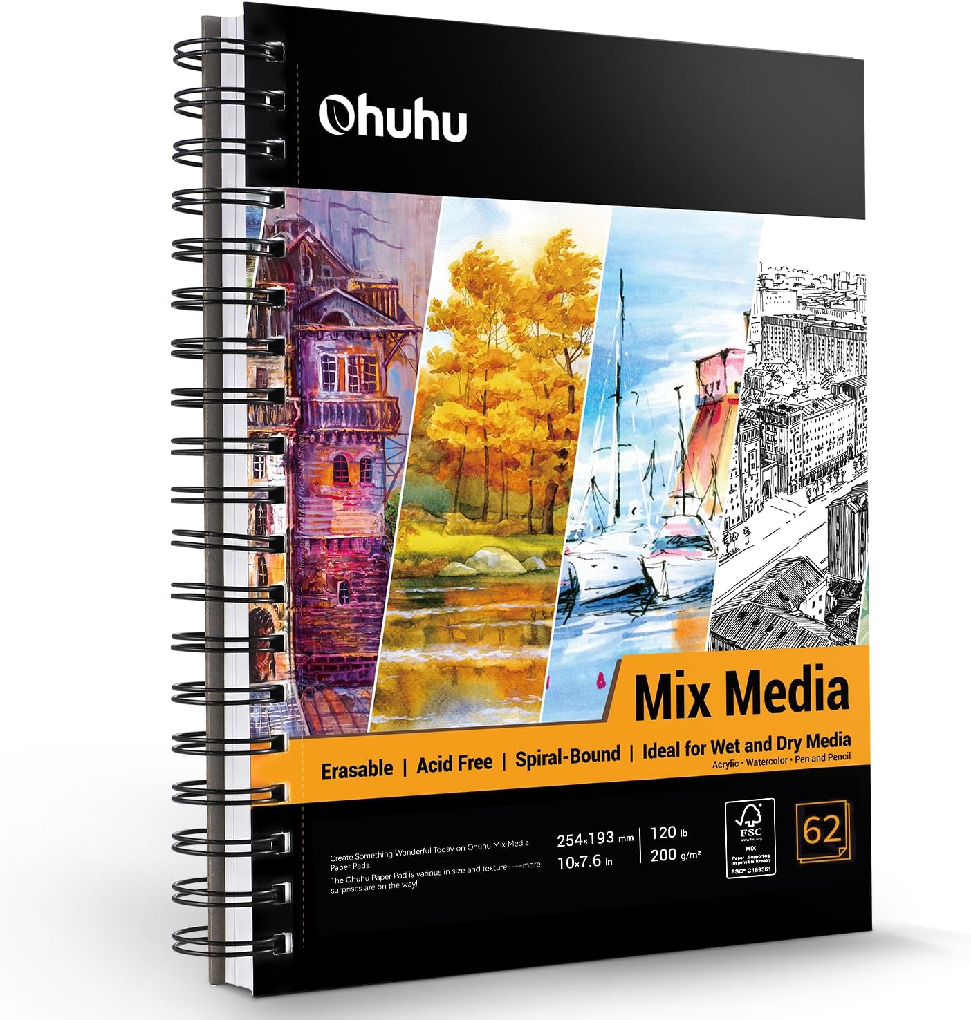 Ohuhu Mix Media Pad, 10"x7.6" Mixed Media Art Sketchbook, 120 lb/200 gsm Heavyweight Papers, 62 Sheets/124 Pages, Spiral Bound Mixed Media Paper Pad for Acrylic, Painting Christmas Gift - Crafty Corner