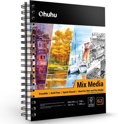 Ohuhu Mix Media Pad, 10"x7.6" Mixed Media Art Sketchbook, 120 lb/200 gsm Heavyweight Papers, 62 Sheets/124 Pages, Spiral Bound Mixed Media Paper Pad for Acrylic, Painting Christmas Gift - Crafty Corner