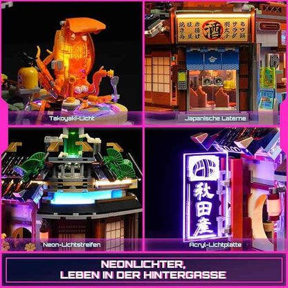 FUNWHOLE Cyberpunk Japanese-Izakaya Lighting-Building-Bricks Set - Cyberpunk Neon City Future Pub Japanese Street View House Collection LED Light Model Set 1987 Pcs for Adults and Sci-fi Lovers