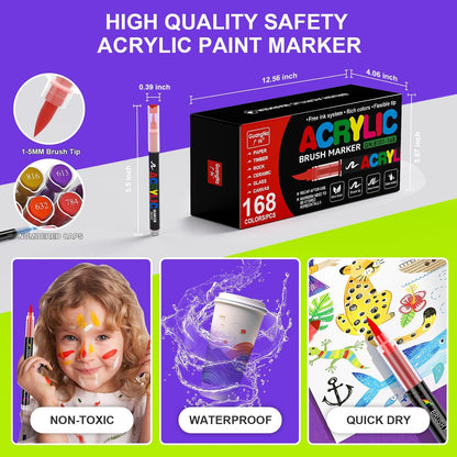 DICEKOO 168 Colors Acrylic Paint Markers, Soft Brush Tip Pens with Automatic Ink Control System, Waterproof, Quick-Drying, Lightfast, for Rock Painting, Canvas, Wood, Egg & DIY Crafts Art Supplies