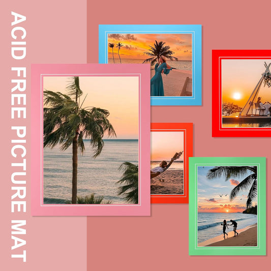 HOTUO 10 Pack Colorful 11x14 Picture Mats, Pre-Cut 11x14 Picture Frame Mat with Ivory Core Bevel Cut for 9x12 Photo, Signature Friendly 4 Ply Thickness Photo Mat for Frames (Colorful with V-Groove)