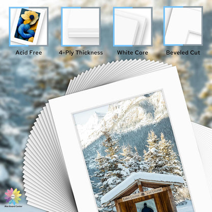 Mat Board Center, Pack of 50, 5x7 for 4x6 White Mat Kit - Acid Free, 4-ply Thickness, White Core - Includes Backing Boards and Clear Bags - for Pictures, Photos, Framing