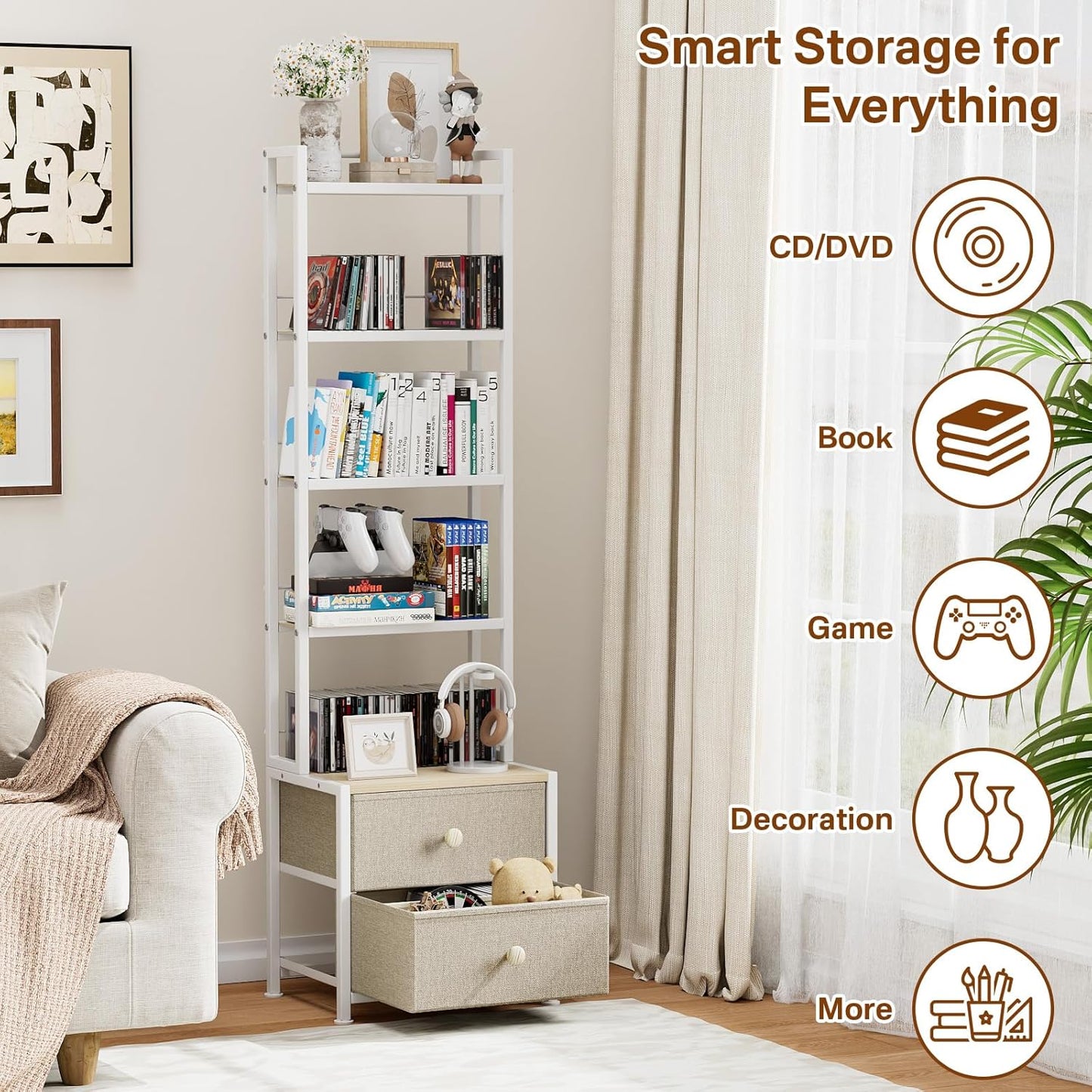 CD Storage Rack with Drawer, 5-Tier DVD Organizer Shelf w/Adjustable Book Stoppers, Media Storage Rack for CD/DVD, Books & Games, Ideal for Living Room & Home Office – 15.7x11.8x56.5Inches