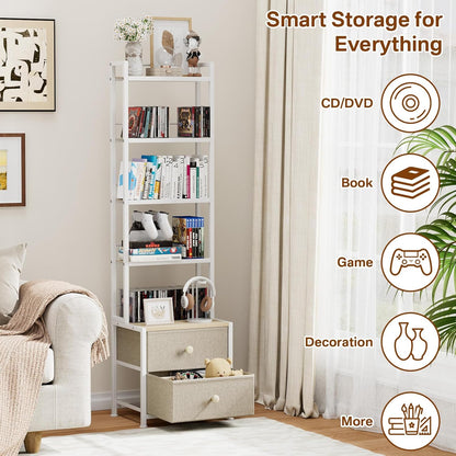 CD Storage Rack with Drawer, 5-Tier DVD Organizer Shelf w/Adjustable Book Stoppers, Media Storage Rack for CD/DVD, Books & Games, Ideal for Living Room & Home Office – 15.7x11.8x56.5Inches