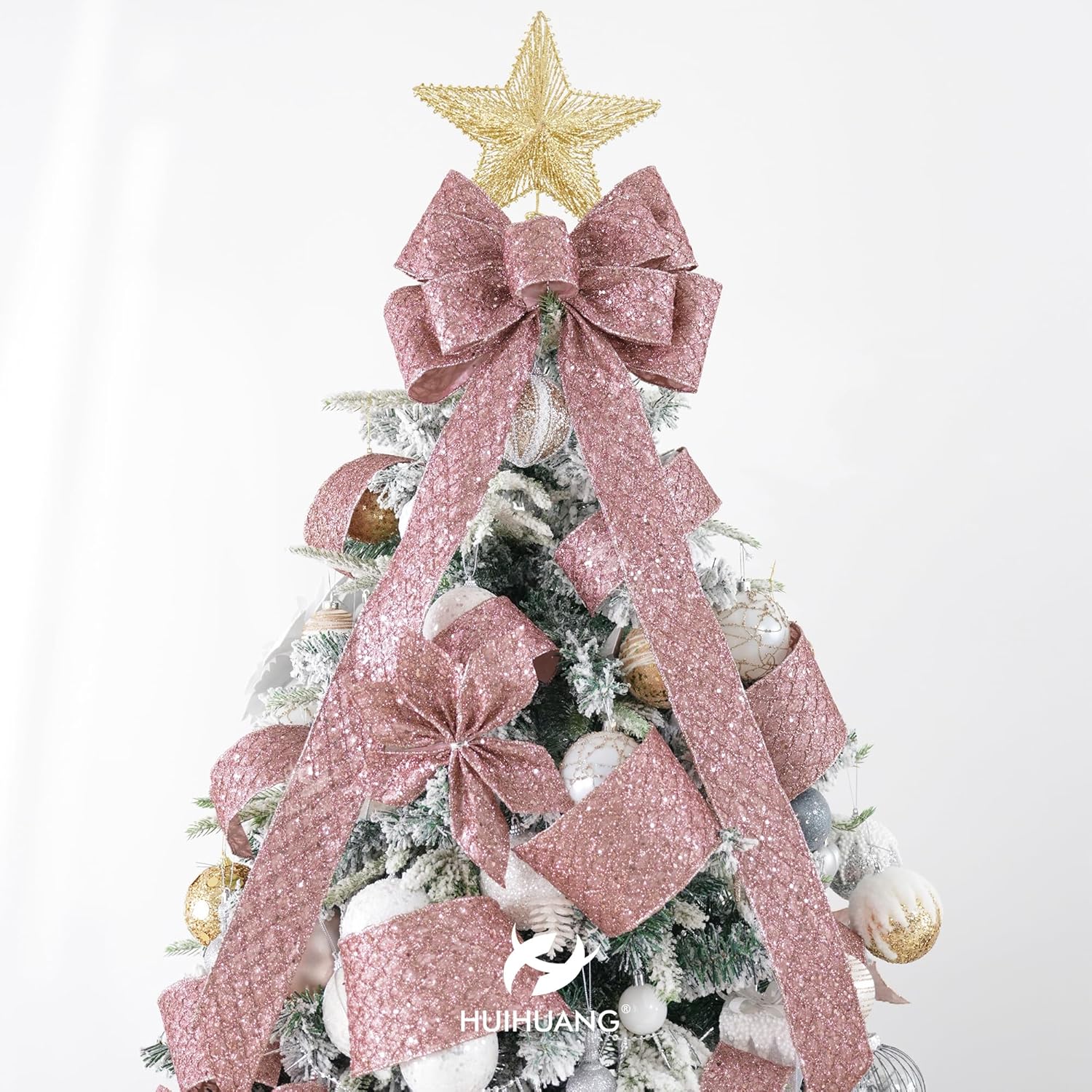 HUIHUANG Rose Gold Christmas Ribbon 4 inch Rose Gold Glitter Wired Ribbon Diamond Mesh Wire Ribbon for X-mas Tree Decorations, Wreaths, Garland, Large Bows Making, Home Decor -10 Yards - Crafty Corner