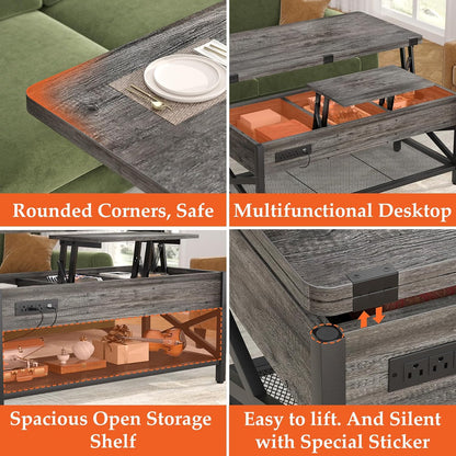 Aheaplus Coffee Table Lift Top Multi-Function Coffee Table Converts to Dining Table, with LED Light and Power Outlet, Center Table with Shelves for Living Room Reception Home Office, Black Oak