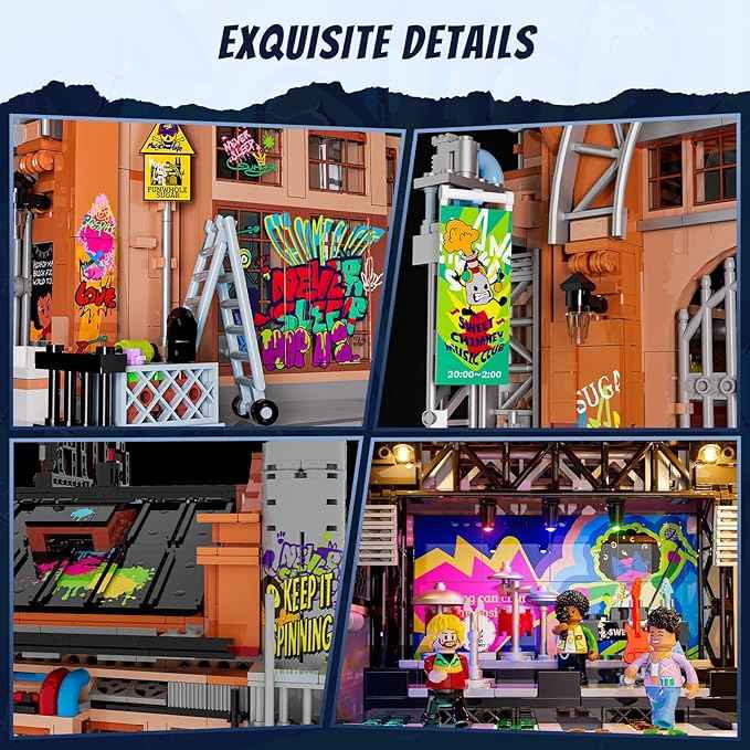 FUNWHOLE Factory House of Music Lighting Building Bricks Set - Street Fusion Music Club City Town Fully Accessible Multi-Form Modular Collection Kit 2654 Pcs for Adults & Teens & Street Culture Lovers