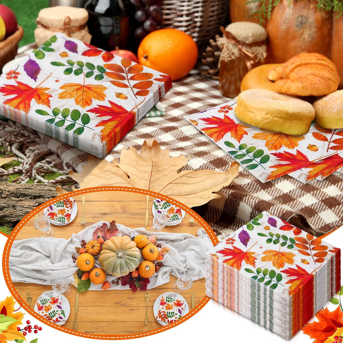 60 Pcs Fall Leaves Cocktail Paper Napkins 6.5 x 6.5 Inches Disposable Paper Napkins Dessert Beverage Napkin for Decoupage Luncheon Napkin for Party Wedding Birthday Party