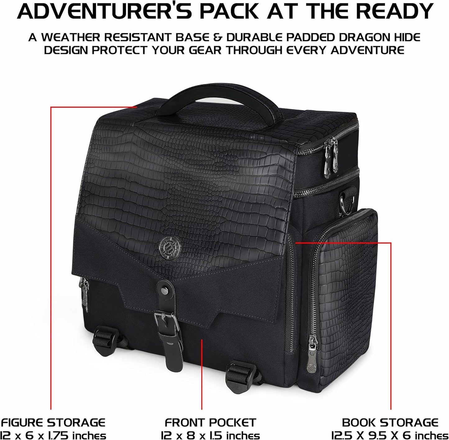 ENHANCE Collector's Edition RPG Adventurer's DND Bag - Dragon Hide Exterior Travel RPG Bag with Tabletop Miniatures Storage Vault, Mat Holder, DND Dice & Token Pockets, Fits 4-8 Books (Dragon Black)