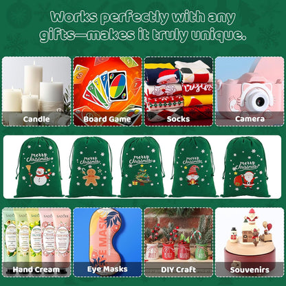 Tapleap Coth Christmas Bags with Drawstring - 50Pcs 7x10 Green Velvet for Small Bussiness Wrapping Christmas Party Favors or Gifts for Friends, Coworkers