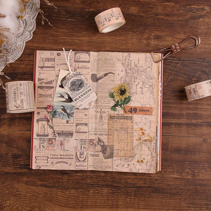 Dizdkizd Washi Tape Set, 12 Rolls Antique Masking Tape Washi Tape Map Newspaper Vintage Stickers Scrapbook Decorative Tape Bullet Journal Supplies Brown Junk Journal Supplies