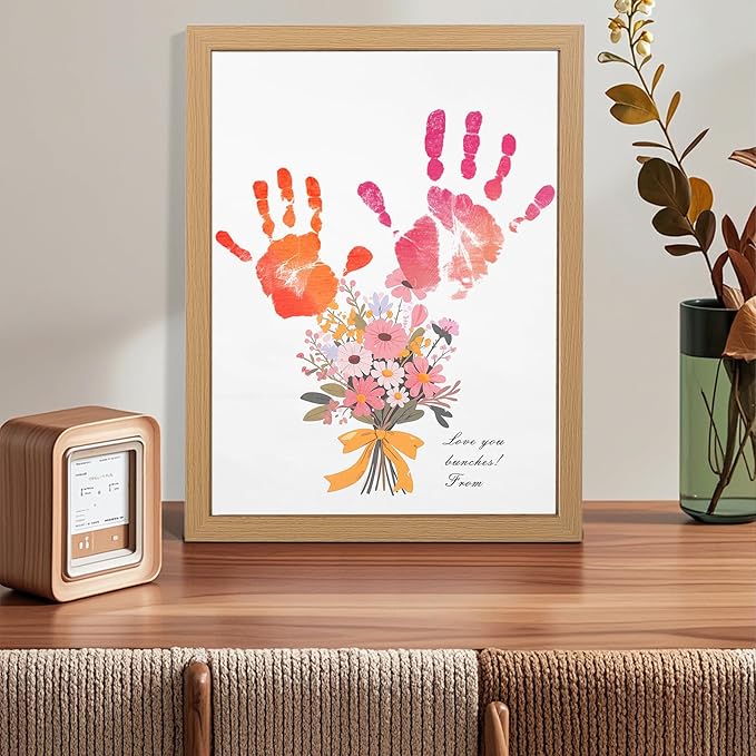 Bixinyo Flower Bouquet Handprint Kit, Mother's Day Gifts for Grandma, Mom, Grandparents from Daughter/Kids, Unique Gifts for Birthday Christmas, DIY Art Craft 12" X 16" Frame (Bow, Brown)