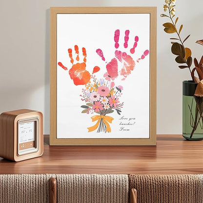 Bixinyo Flower Bouquet Handprint Kit, Mother's Day Gifts for Grandma, Mom, Grandparents from Daughter/Kids, Unique Gifts for Birthday Christmas, DIY Art Craft 12" X 16" Frame (Bow, Brown)