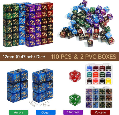 110PCS MTG Tokens & 12mm Life Counter Dice Set for Magic The Gathering with Box, Bulk Ability MTG Tokens D20 Loyalty 6 Sided Dice, Compatible with TCG CCG Magic Card Gaming Accessories