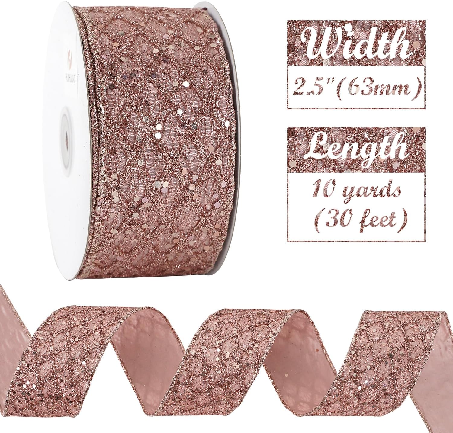 HUIHUANG Rose Gold Glitter Wired Ribbon for Christmas Tree 2.5 inch Rose Gold Diamond Mesh Ribbon for Tree Decoration, Wreaths, Garland, Gift Wrapping, Bows Making, Home Decor -10 Yards - Crafty Corner