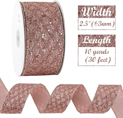 HUIHUANG Rose Gold Glitter Wired Ribbon for Christmas Tree 2.5 inch Rose Gold Diamond Mesh Ribbon for Tree Decoration, Wreaths, Garland, Gift Wrapping, Bows Making, Home Decor -10 Yards - Crafty Corner