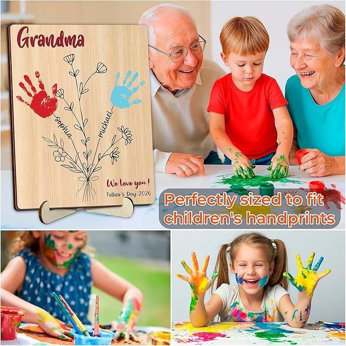 Personalized Handprint Wooden Sign for Mom Dad Grandma, DIY Kids Handprint Frame with Paints, Art Craft Family Keepsake, Mothers Fathers Day Valentines Birthday Gift for New Parents, Families