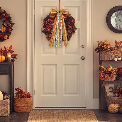 Large Fall Ribbon Bow for Wreath, Orange Buffalo Plaid Fabric Ribbons Set Assorted Lace Ribbon Fall Clip-On Wreath Sash Ribbons Bundle for Thanksgiving Indoor Outdoor Decor - Crafty Corner