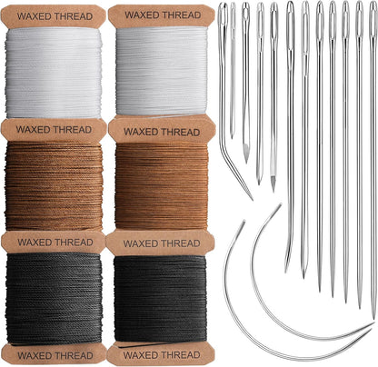 IMZAY 132 Yards Upholstery Repair Kit, 0.55MM and 0.8MM Waxed Sewing Thread with 14 PCS Heavy Duty Needles, Thimbles for Leather Sewing, Bookbinding, Beading, Stitching (3 Colors)