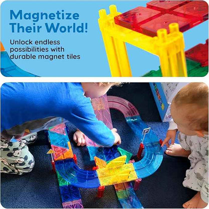 PicassoTiles Magnetic Tiles Race Track Car Thrilling Toy Playset Includes 2 Racing Trucks STEM Educational Magnet Tile Building Block Construction Set for Toddlers Boys Girls Ages 3 and Older PTR30