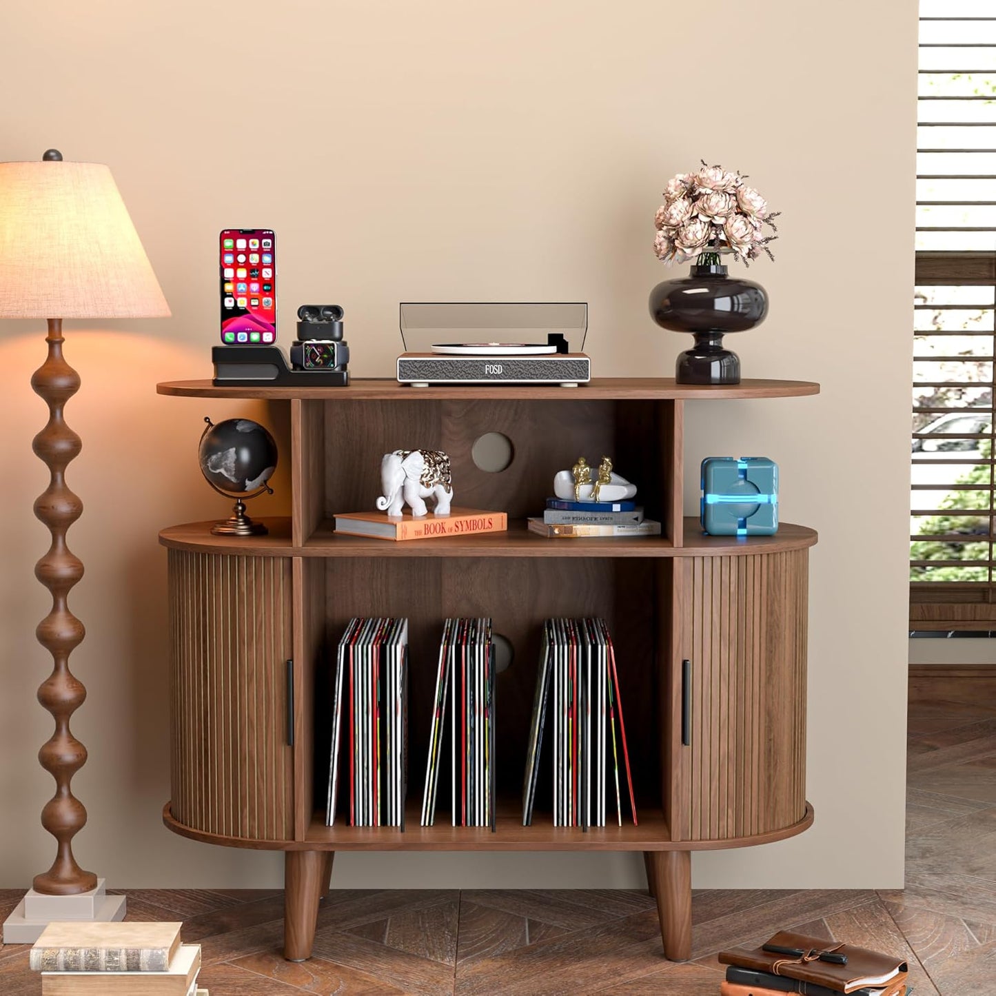 Large Round Record Player Stand with Charging Station & USB Ports，Record Storage Cabinet, Mid Century Modern Turntable Stand for Bedroom Living Room (Small Brown)