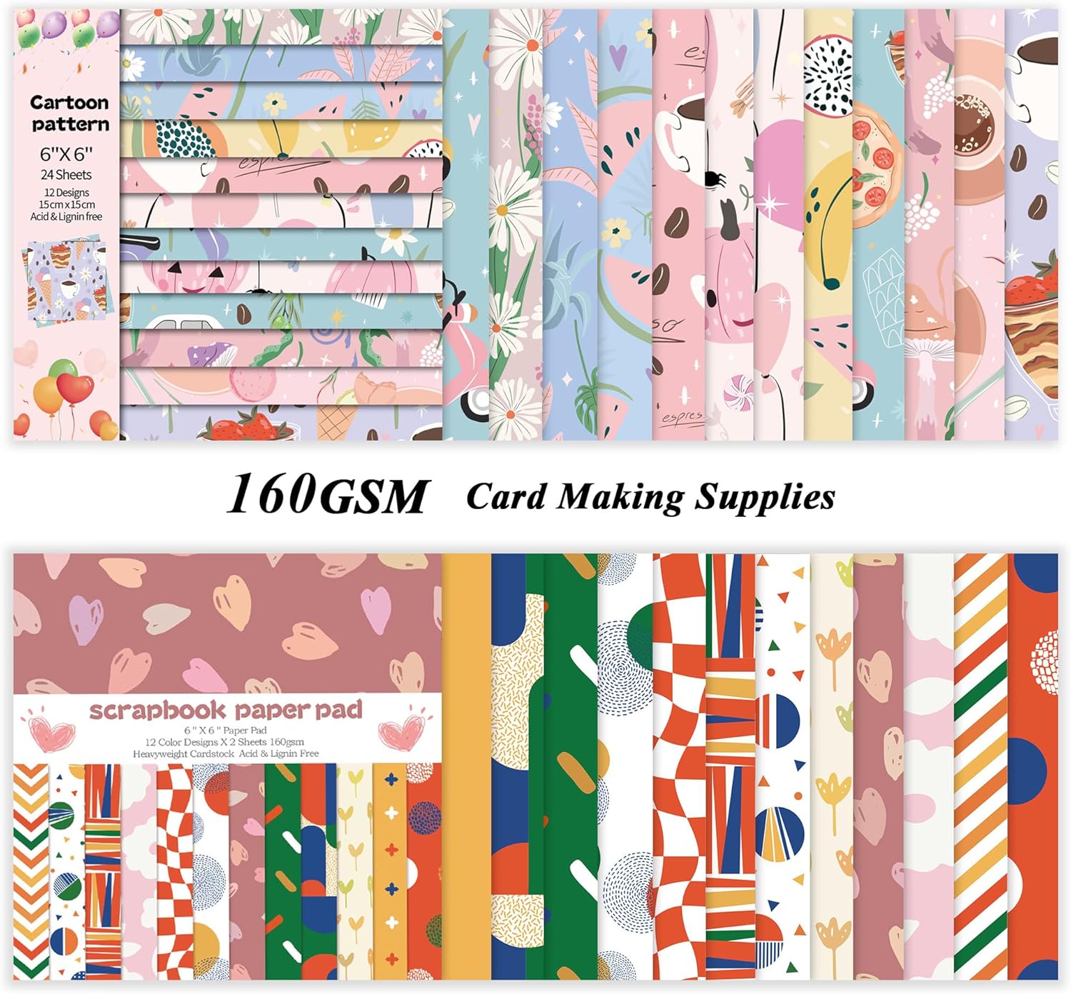 48 Sheets 24 Designs Scrapbook Paper Pad, 6"×6" Single-Sided Decopodge Craft Cardstock Paper,Scrapbooking DIY Decorative Background Cardmaking Supplies.Sweet Love&Cartoon - Crafty Corner