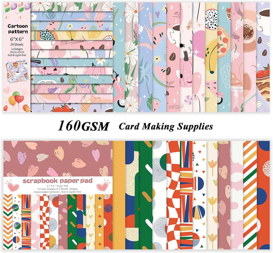 48 Sheets 24 Designs Scrapbook Paper Pad, 6"×6" Single-Sided Decopodge Craft Cardstock Paper,Scrapbooking DIY Decorative Background Cardmaking Supplies.Sweet Love&Cartoon - Crafty Corner