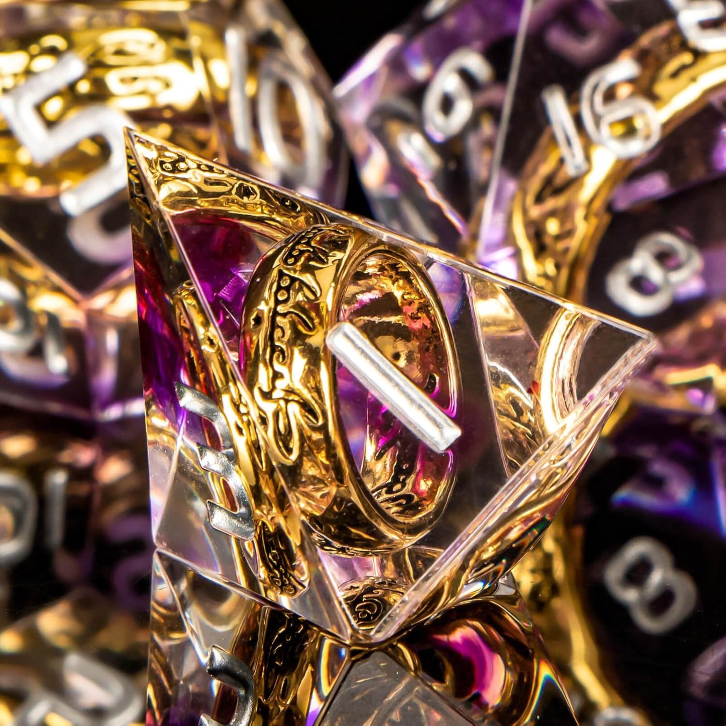 OUKELANWO Magic Lord Rings DND Dice Set with Box, 7Pcs Resin LOTR D&D Dice Set for Role Playing Game, Purple Dungeons Dragons D and D Sharp Edge Dice D20 D12 D10 D8 D6 D4