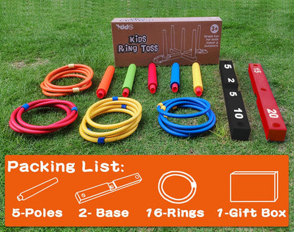 Ring Toss Game for Kids, Indoor & Outdoor Game for Family and Adults with 5 Poles, 2 Bases and 16 Rings in 4 Colors, Soft Foam Toy for Kids Backyard Ring Toss Fun