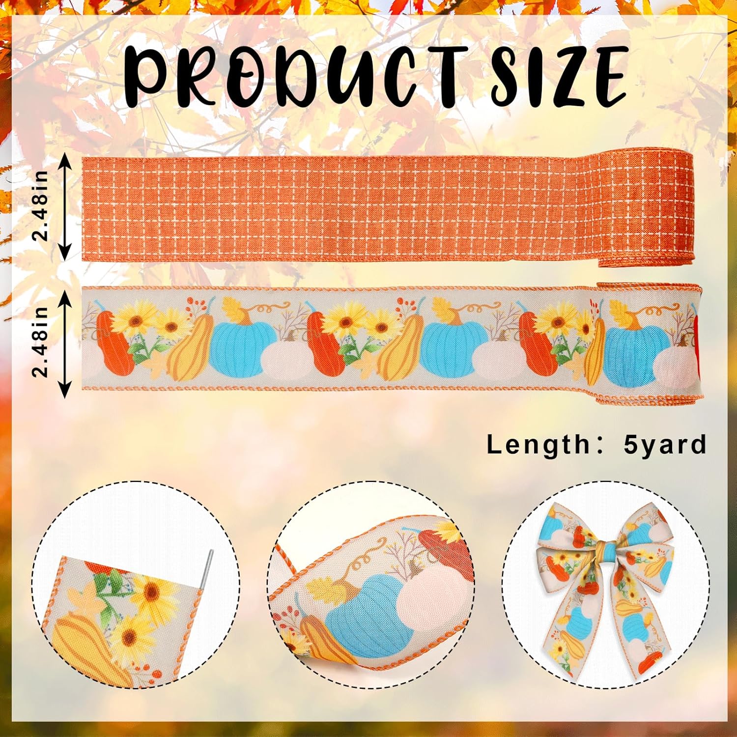 2 Rolls Fall Pumpkins Leaves Ribbons for Bows, Thanksgiving Wired Edge Ribbon Orange Buffalo Plaid Burlap Ribbons for Gift Wrapping Autumn Thanksgiving Decoration Supplies - Crafty Corner