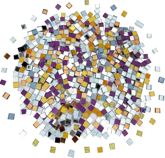LITMIND 1.1LB Gold, Silver & Purple Mixed Glass Mosaic Tiles for Crafts - 0.4 Inch Square Mirror Glass Pieces, Ideal for Mosaic Art Projects, Puzzles, and Home Décor
