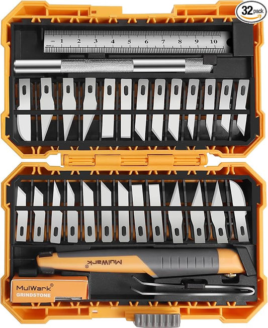 MulWark 32-Piece Precision Hobby Knife Set - Exacto Knife Set For Modeling - Craft Knife Handle Customized With Chiseling, Stencil Edge And Fine Point Blades With Sharpening Stone And Steel Ruler