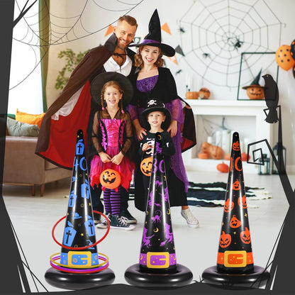Halloween Ring Toss Game Set, 5Pcs Inflatable Witch Hats with 10Pcs Colorful Plastic Rings and Air Pump for Halloween Party Games Super Fun Indoor Outdoor Party Supplies