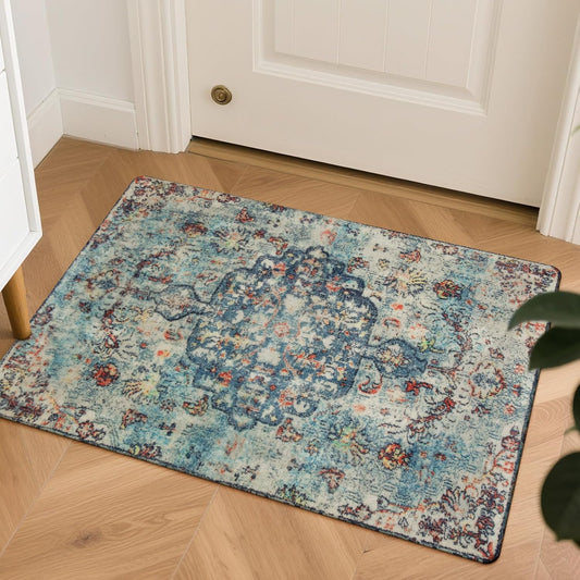 Lahome Bohemian Floral Medallion Area Rug - 2x3 Vintage Teal Distressed Small Entryway Rug Turkish Doormat Faux Wool Non-Slip Washable Low-Pile Carpet for Bathroom Kitchen Laundry Room Decor