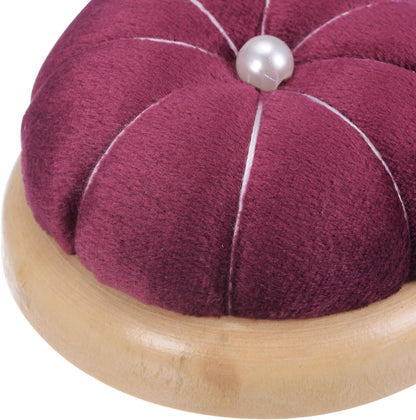 HARFINGTON Wooden Base Pin Cushion Japanese Style Cute Needle Holder Pincushions Round for Sewing Quilting Needlework DIY Crafts, Dark Red