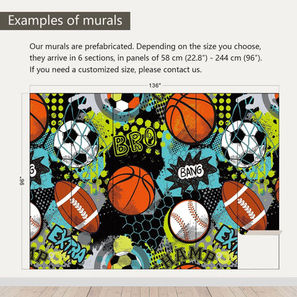 AFZEVEB-Colorful Graffiti Wallpaper Hand-Painted Ball Wall murals for Kids Room 136"x96"(Not Peel and Stick)