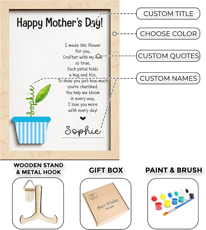 Mothers Day Handprint Gifts for Mom from Daughter Son, Personalized Family Handprint Frame, Custom Family Art Keepsake, DIY Flower Craft Wood Sign with Paint, Gift for New Parents, Grandma, Nana