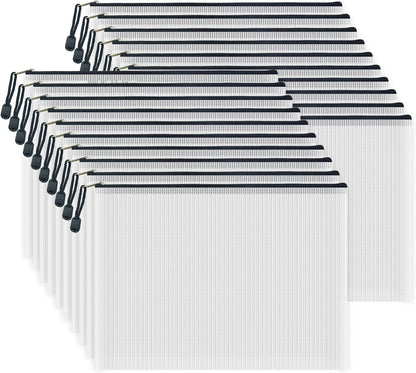 AUSTARK 20 Pcs Zipper File Bags, Plastic Mesh Pouch, Board Game Storage Bag, Waterproof Bags for Office School (A4 Size 13.4''x9.4'', White and Black)