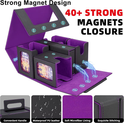 AFIING Commander Deck Box for MTG/EDH, Fits 400+ Double-Sleeved Cards, with Display Window, 4 Removable Deck Cases, Dividers, Dice Tray & Handle, Card Holders for TCG (Black Purple)