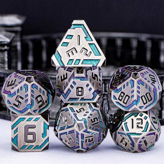 Metal DND Sci-fi Dice Set 7PCS Stripe Polyhedral Dice for Dungeons Dragons RPG Role Playing Game, Glitter D and D Dice with Gift Box D6 D8 D10 D12 D20 (Grey&Purple Green)